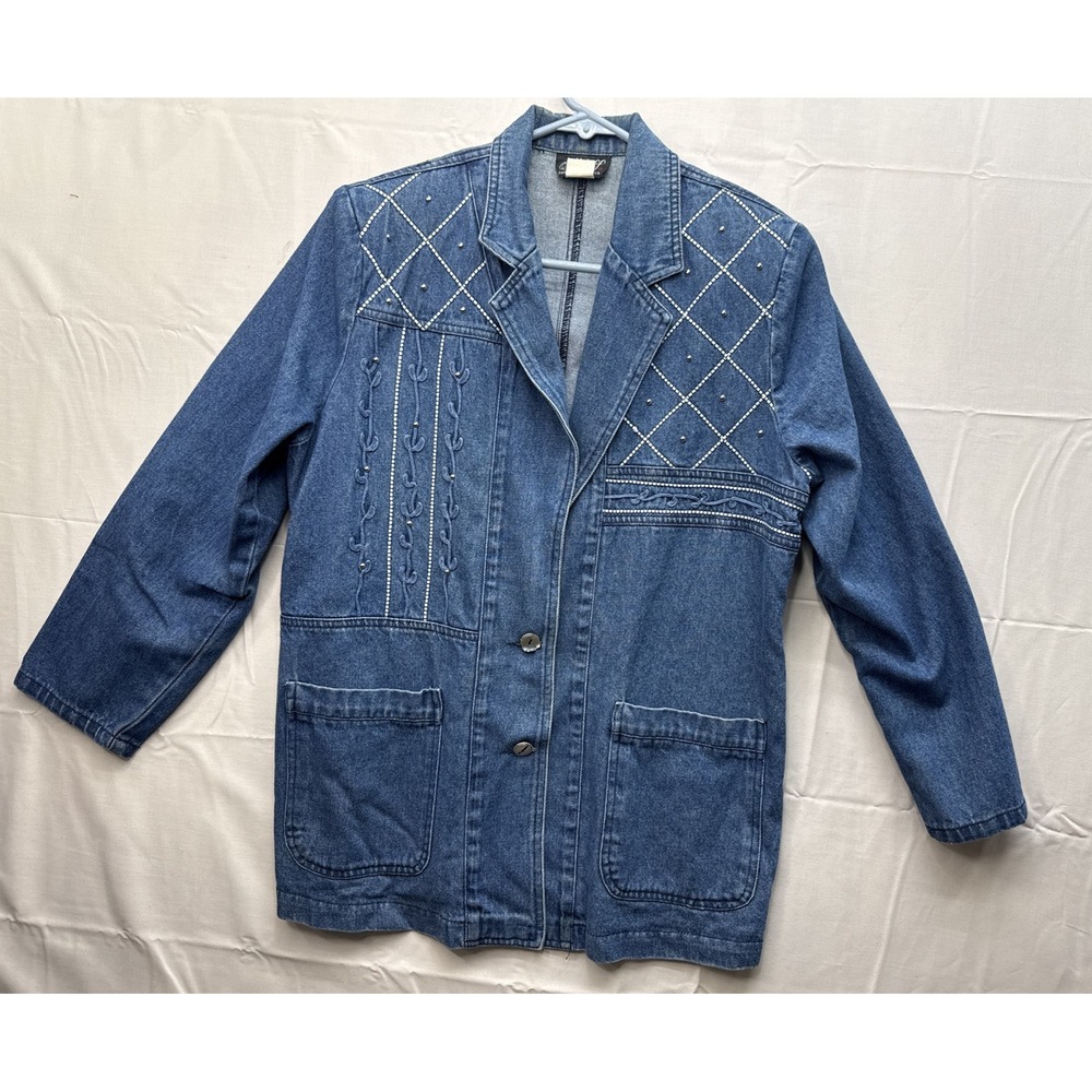 Vtg MASS 80s 1980s Blue Denim Oversized Jacket Embellished Western Sz Small USA